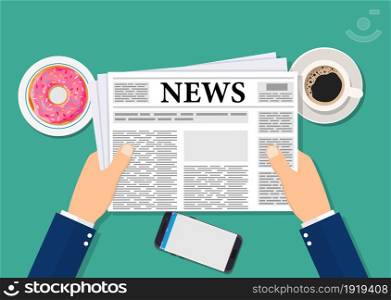 Business man hands holding newspaper with world news words headline, coffee break, lunch, breakfast, Vector illustration in flat style. Business man hands holding newspaper
