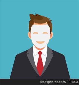 Business man hides his identity under a smiling mask. Two faced character. Vector stock