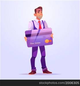Business man hold plastic credit or debit card. Vector cartoon illustration of male character, businessman or banker holding purple banking card isolated on background. Business man hold plastic credit or debit card