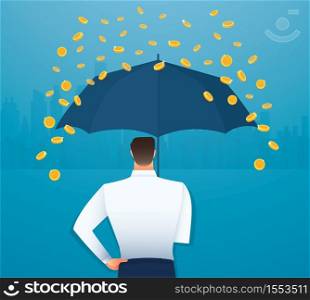 Business man holding an umbrella, money falling from the sky. concept of success. vector illustration
