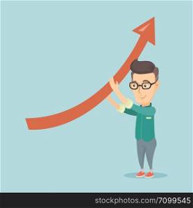 Business man holding graph going up. Business man with growth graph. Caucasian business man changing the path of graph to a positive increase. Vector flat design illustration. Square layout.. Business man holding arrow going up.