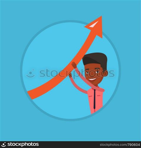 Business man holding graph going up. Businessman with growth graph. Businessman changing the path of graph to a positive increase. Vector flat design illustration in the circle isolated on background.. Business man holding arrow going up.