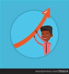 Business man holding graph going up. Businessman with growth graph. Businessman changing the path of graph to a positive increase. Vector flat design illustration in the circle isolated on background.. Business man holding arrow going up.