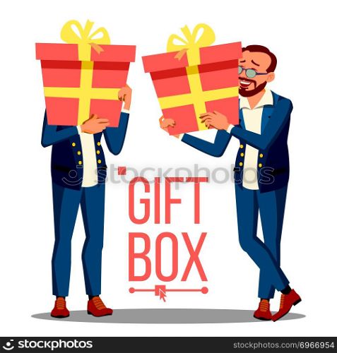 Business Man Holding Red Gift Box Vetor. Holidays Present Concept. Illustration. Business Man Holding Red Gift Box Vetor. Holidays Present Concept. Isolated Illustration