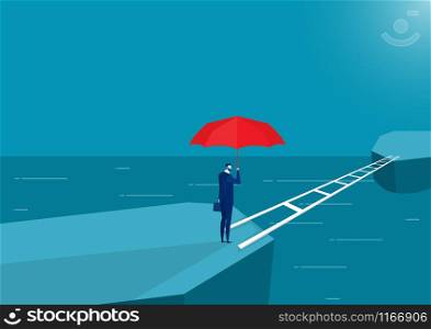 business man holding red umbrella standing thinking crossing bridge forward to new land vector
