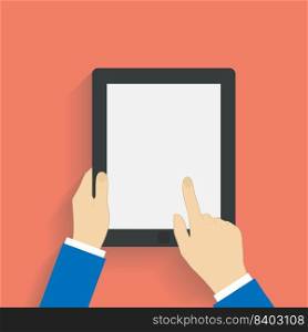 Business man holds and manages tablet computer with white blank screen. Using digital tablet pc. Flat design concept with copy space. Vector illustration EPS10. Business man holds and manages tablet computer