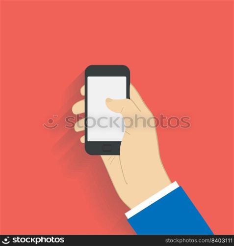 Business man holds holding black smartphone, touching blank white empty screen. Using mobile smart phone. Flat design concept with copy space. Vector illustration EPS10. Business man holds holding black smartphone