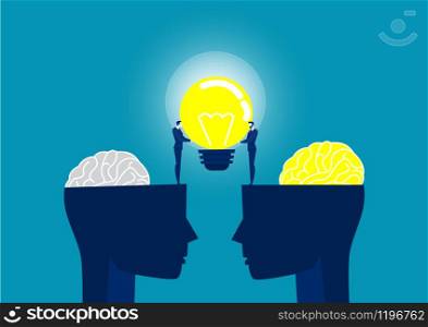 Business man in a suit holding a light bulb on top head human share idea concept vector