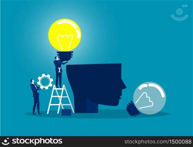 Business man in a suit holding a light bulb on top head human chang idea concept vector