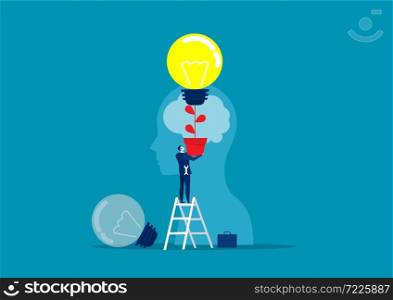 Business man in a suit holding a light bulb on top head human chang idea concept vector