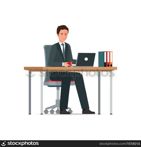 Business man in a suit working on a laptop computer at his office desk with coffee cup and file document, character Flat design style vector illustration.