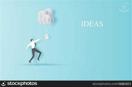 Business man Jump to hold money balloons.Creative paper cut and craft style.People finance success concept.Graphic minimal simple management information idea space for your text.vector illustration