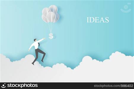 Business man Jump to hold money balloons on clouds sky landscape.Creative paper cut and craft style.People finance success concept.Graphic minimal simple idea space for your text.vector illustration