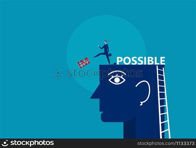 Business man kick impossible away big head. Concept business vector illustration.