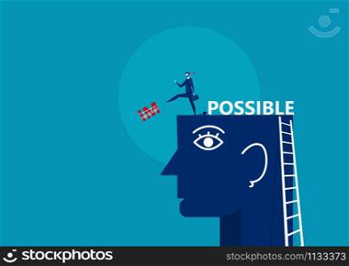 Business man kick impossible away big head. Concept business vector illustration.