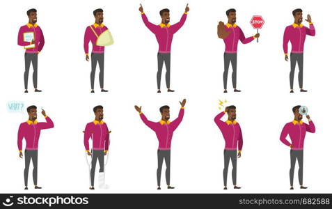 Business man lost and calling for help. Full length of business man calling for help. Business man in trouble calling for help. Set of vector flat design illustrations isolated on white background.. Vector set of illustrations with business people.