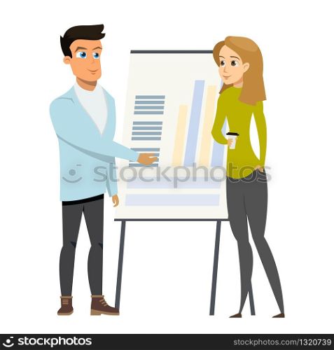 Business Man Make Presentation Shows Charts and Diagram to Woman on Whiteboard or Flipchart paper. Financial Report for Startup Concept Cartoon Vector Illustration Flat. Business Man Make Presentation Shows Charts to Woman