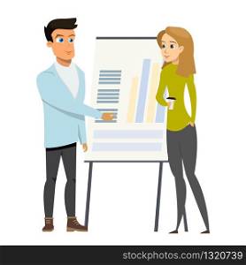 Business Man Make Presentation Shows Charts and Diagram to Woman on Whiteboard or Flipchart paper. Financial Report for Startup Concept Cartoon Vector Illustration Flat. Business Man Make Presentation Shows Charts to Woman
