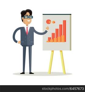 Business Man Making a Presentation. Business man with black hair in business suit and tie making a presentation in front of whiteboard with infographics. Smiling young man personage in flat design isolated on white background.