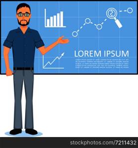 Business man making presentation in front of whiteboard with infographics. Business people character isolated vector illustration.. Business man making presentation near whiteboard