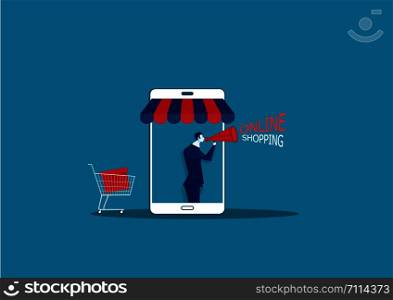 business man on smartphone with E-shop online store internet shop promotion advertisement presentation illustration.