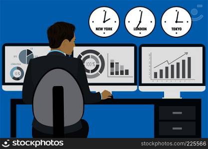 Business man or office worker sitting on a chair at the desk in the office and working for three monitors,back view, flat design, cartoon stock vector illustration. Business man at the office, flat design