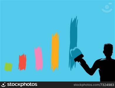 Business man painting bar graph paint roller Flat style modern vector illustration.