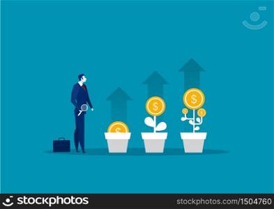 Business man plant a money tree or picking dollars from money tree. Business growth, Vector illustration