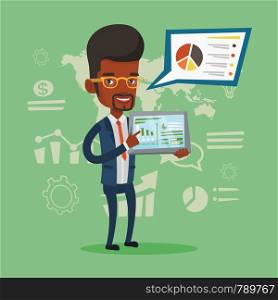 Business man pointing at the charts on tablet computer screen. Young business man presenting report on tablet computer on the background of graphs. Vector flat design illustration. Square layout.. Businessman presenting report on tablet computer