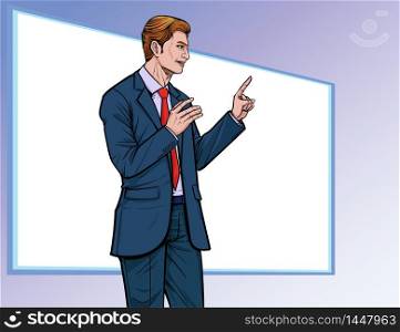 Business man presentation. Talk about meetings. Listen carefully. Illustration vector. On pop art comics style. Boards background.