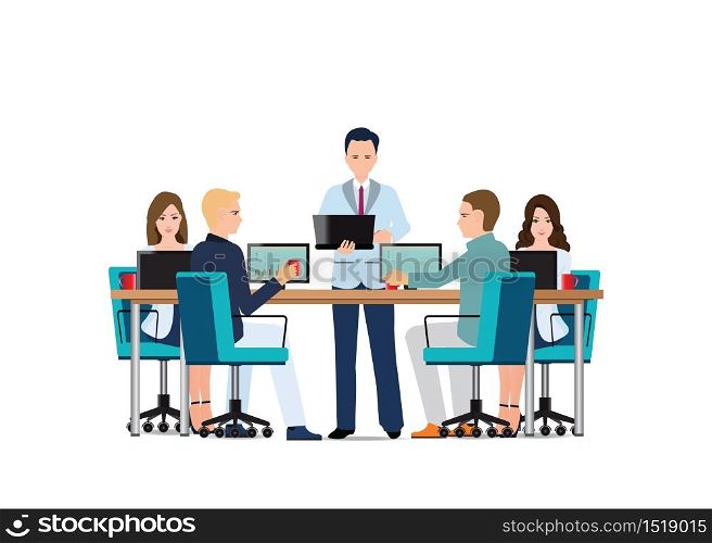 Business man presenting with laptop computer and business people sitting on presentation at office, business presentation conceptual vector illustration.
