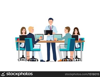 Business man presenting with laptop computer and business people sitting on presentation at office, business presentation conceptual vector illustration.