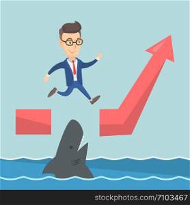 Business man running on ascending graph and jumping over gap. Business man jumping over ocean with shark. Business growth and business risks concept. Vector flat design illustration. Square layout.. Business man jumping over ocean with shark.