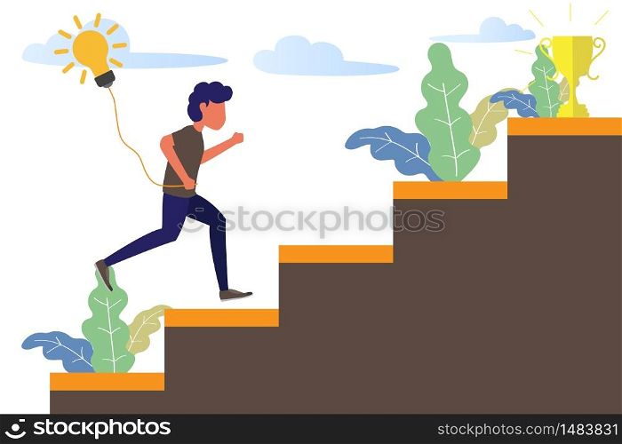 business man running on stair to success trophy and holding idea bulb. modern flat design vector illustration.