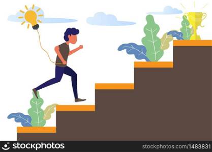 business man running on stair to success trophy and holding idea bulb. modern flat design vector illustration.