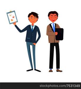 Business man showing paper, company strategy on clipboard vector. Manager looking at tablet device, building innovative ideas, charts and pie diagrams. Business Man Showing Paper Strategy on Clipboard