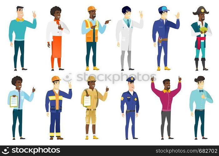 Business man showing the victory gesture. Businessman showing the victory sign with two fingers. Businessman with victory gesture. Set of vector flat design illustrations isolated on white background.. Vector set of professions characters.