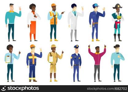 Business man showing the victory gesture. Businessman showing the victory sign with two fingers. Businessman with victory gesture. Set of vector flat design illustrations isolated on white background.. Vector set of professions characters.