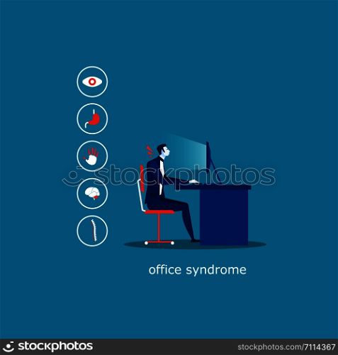 business man sit on chair office Syndrome infographic ( Hypertension , Glaucoma , Trigger finger , Migraine , Low back pain , Gallstone , Cystitis , Stress , Insomnia , Peptic ulcer