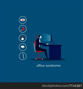business man sit on chair office Syndrome infographic ( Hypertension , Glaucoma , Trigger finger , Migraine , Low back pain , Gallstone , Cystitis , Stress , Insomnia , Peptic ulcer