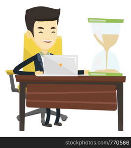 Business man sitting at the table with hourglass symbolizing deadline. Business man coping with deadline successfully. Deadline concept. Vector flat design illustration isolated on white background.. Asian business man working in office.