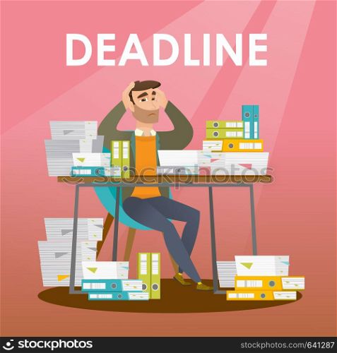 Business man sitting at the table with stacks of papers and clutching head because of a missed deadline. Business man has a problem with a deadline. Vector flat design illustration. Square layout.. Businessman has a problem with a deadline.