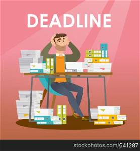Business man sitting at the table with stacks of papers and clutching head because of a missed deadline. Business man has a problem with a deadline. Vector flat design illustration. Square layout.. Businessman has a problem with a deadline.