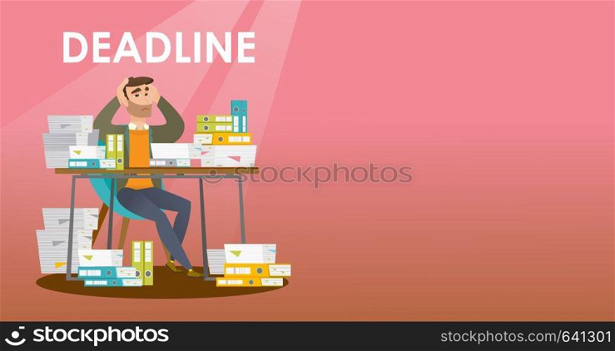 Business man sitting at the table with stacks of papers and clutching head because of a missed deadline. Business man has a problem with a deadline. Vector flat design illustration. Horizontal layout.. Businessman has a problem with a deadline.