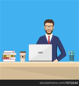 Business man Sitting Desk Working Laptop Computer. Vector illustration in flat style. Business man Sitting Desk Working Laptop
