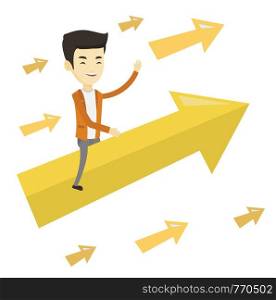 Business man sitting on arrow going to success. Successful business man flying up on arrow. Concept of moving forward to business success. Vector flat design illustration isolated on white background.. Happy business man flying to success.