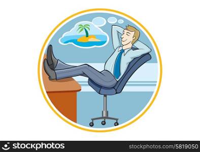 Business man sitting on chair and dreaming about his holidays cartoon design style