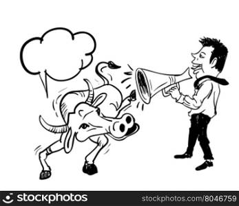 Business man speaking by using bullhorn to buffalo,concept communication to anyone but useless