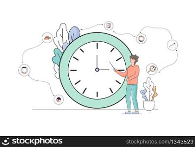 Business Man Stand and Pointing at Huge Clock Isolated on White Background with Plants and Office Icons Around. Optimization of Working Process. Time Management Linear Cartoon Flat Vector Illustration. Business Man Stand and Pointing at Huge Clock.