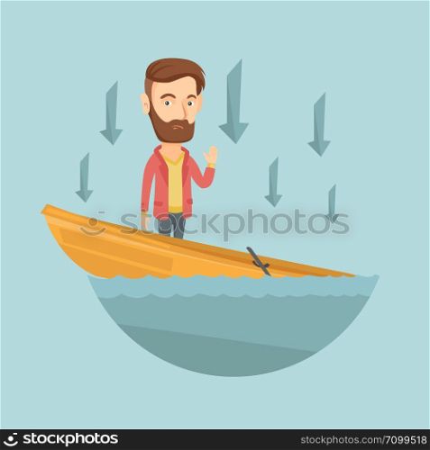 Business man standing in sinking boat and asking for help. Business man sinking and arrows behind his pointing down symbolizing business bankruptcy. Vector flat design illustration. Square layout.. Business man standing in sinking boat.